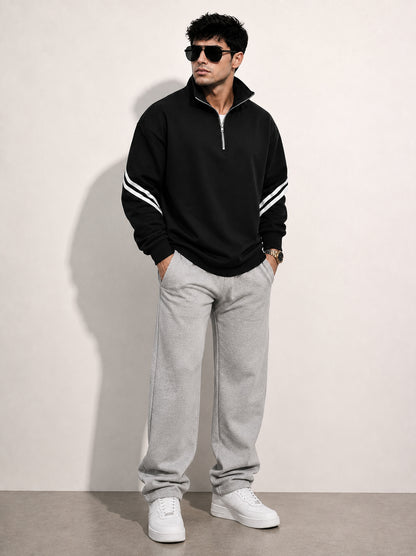 Mens Contrast Stripe Full Sleeve Pullover Sweatshirt Black