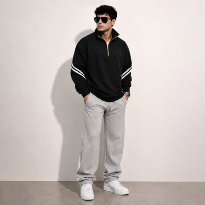 Mens Contrast Stripe Full Sleeve Pullover Sweatshirt Black