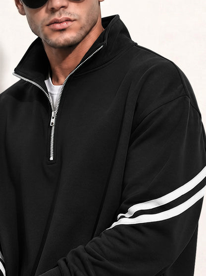 Mens Contrast Stripe Full Sleeve Pullover Sweatshirt Black