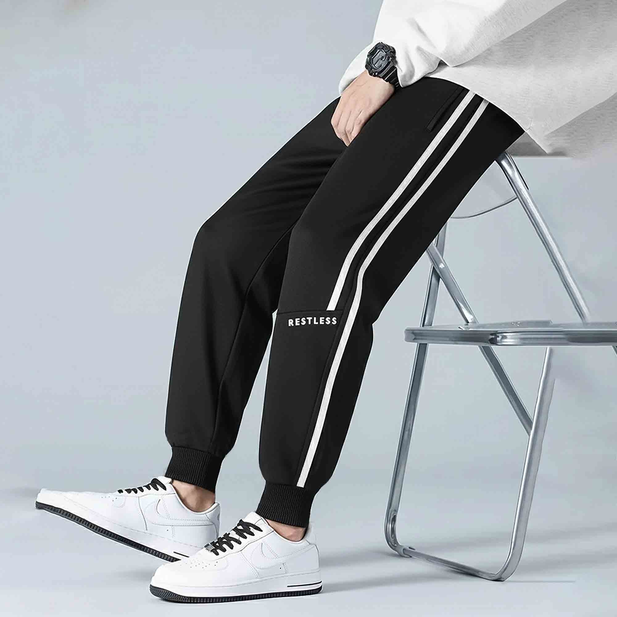 Men Striped Pattern Trackpant Black