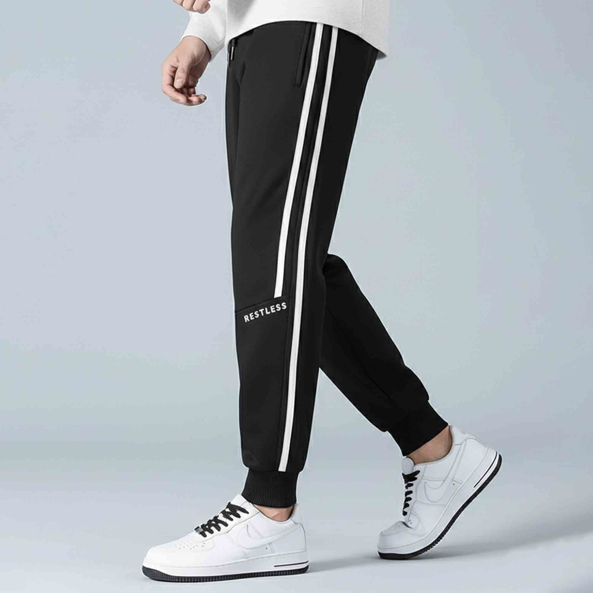 Men Striped Pattern Trackpant Black