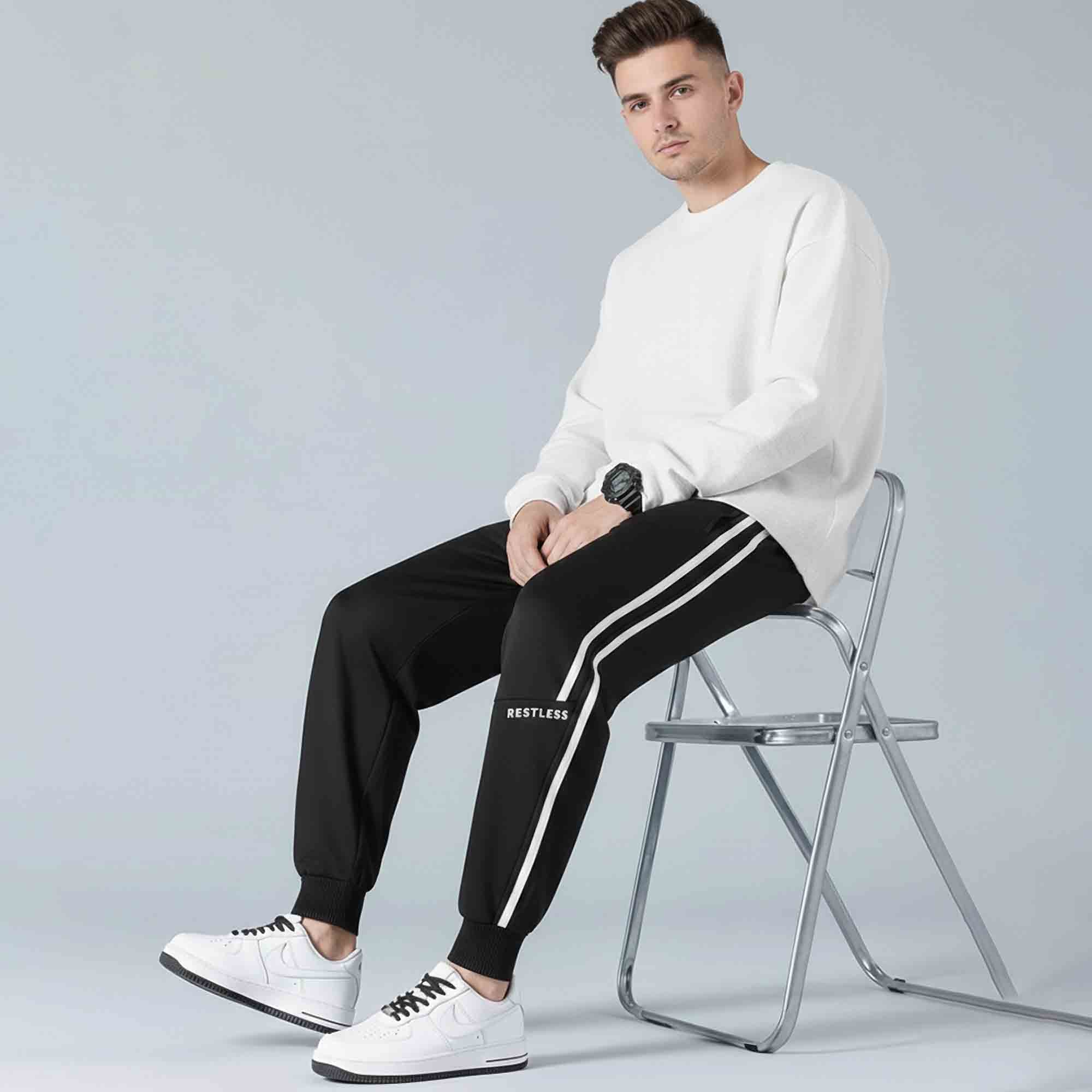 Men Striped Pattern Trackpant Black