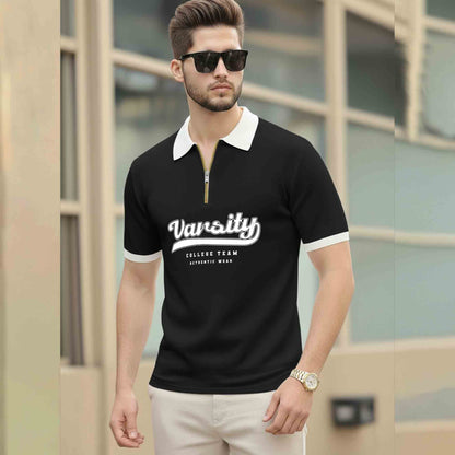 Men Colorblock Quarter Zip Polo Neck Half Sleeve T-shirt Black