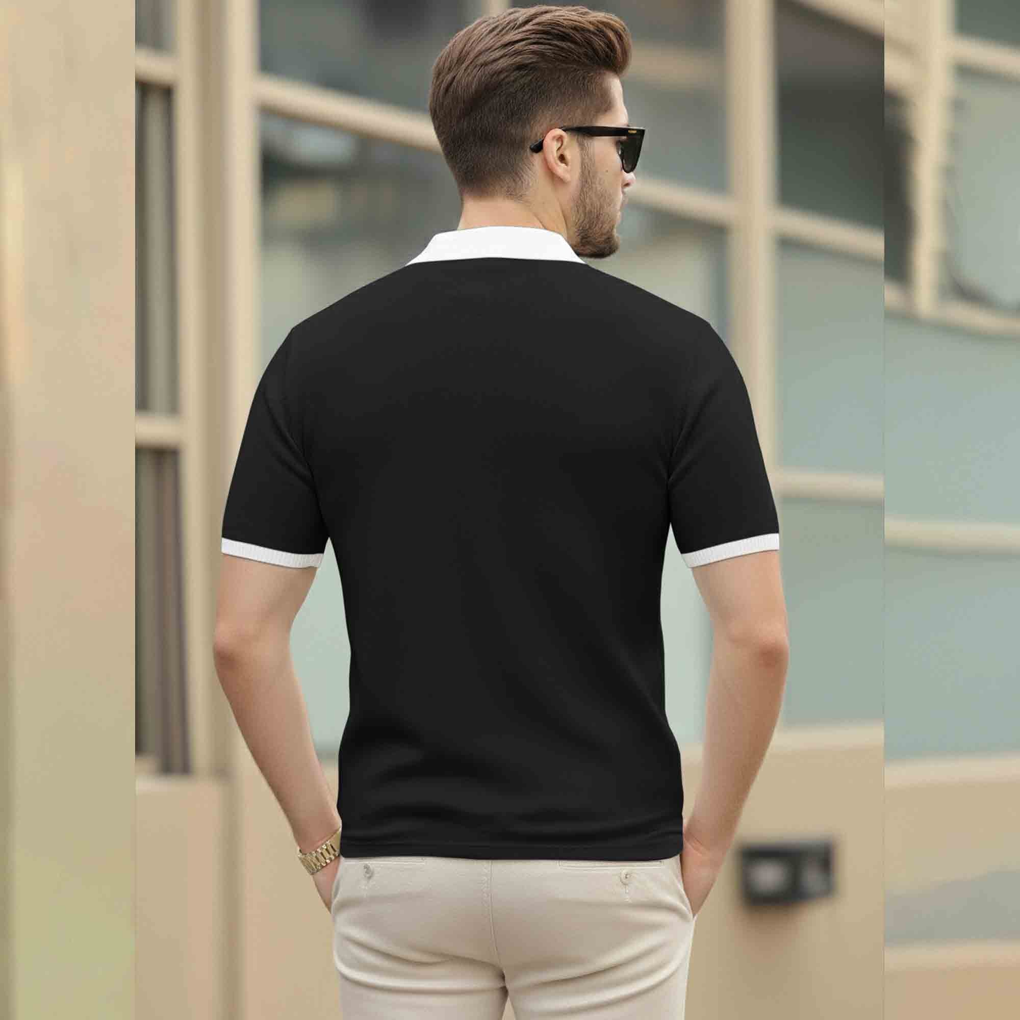 Men Colorblock Quarter Zip Polo Neck Half Sleeve T-shirt Black