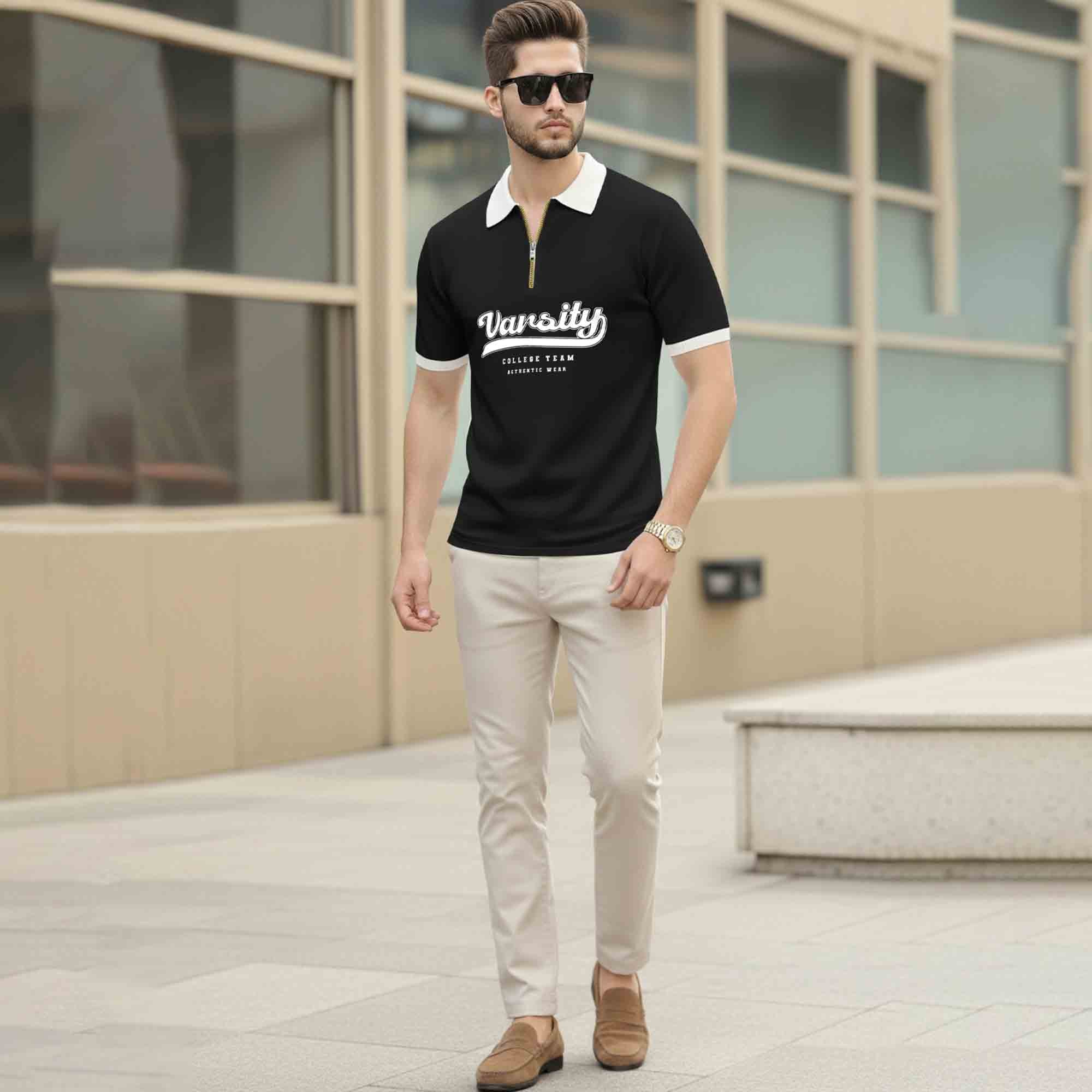 Men Colorblock Quarter Zip Polo Neck Half Sleeve T-shirt Black