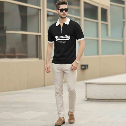 Men Colorblock Quarter Zip Polo Neck Half Sleeve T-shirt Black