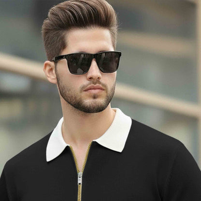 Men Colorblock Quarter Zip Polo Neck Half Sleeve T-shirt Black