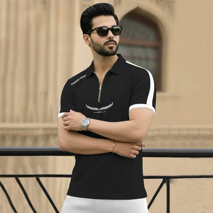 Men Quarter Zip Polo Neck Half Sleeve T-SHIRT Black & White