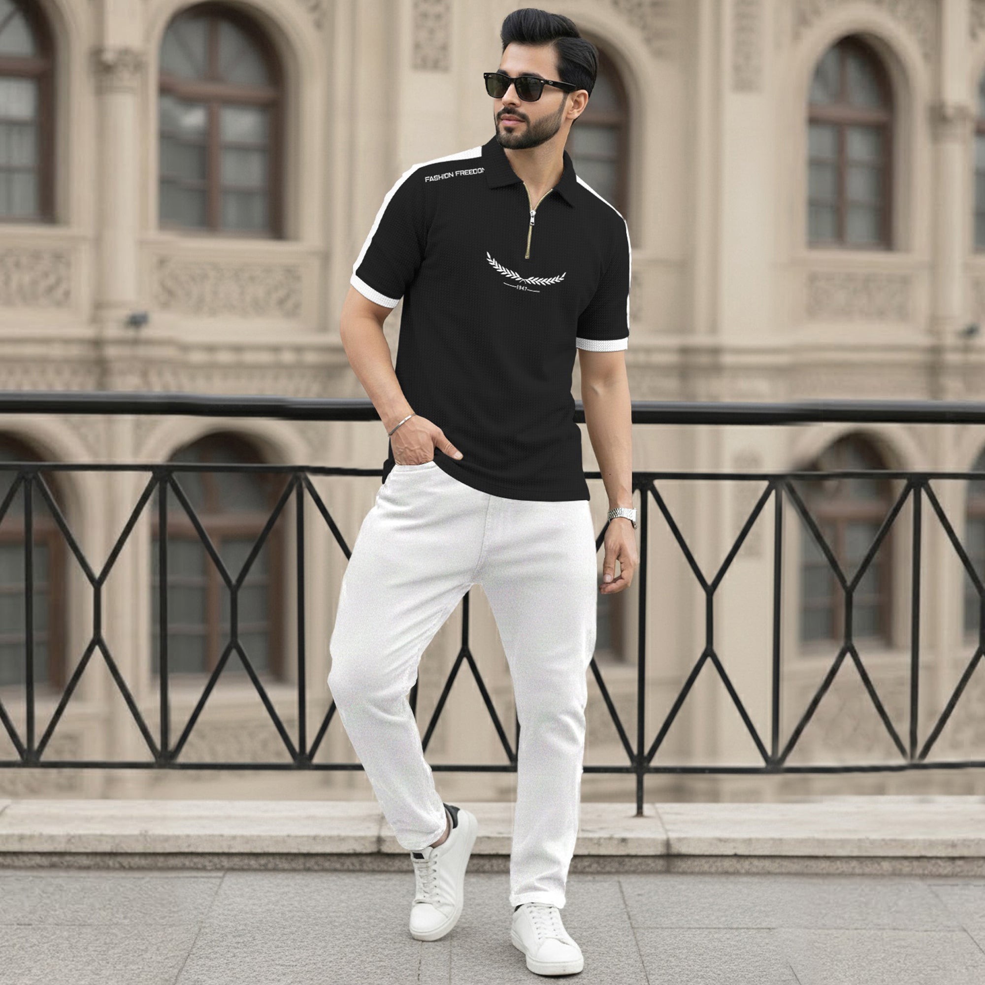 Men Quarter Zip Polo Neck Half Sleeve T-SHIRT Black & White