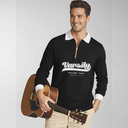 Men Colorblock Quarter Zip Polo Neck Full Sleeve T-shirt Black