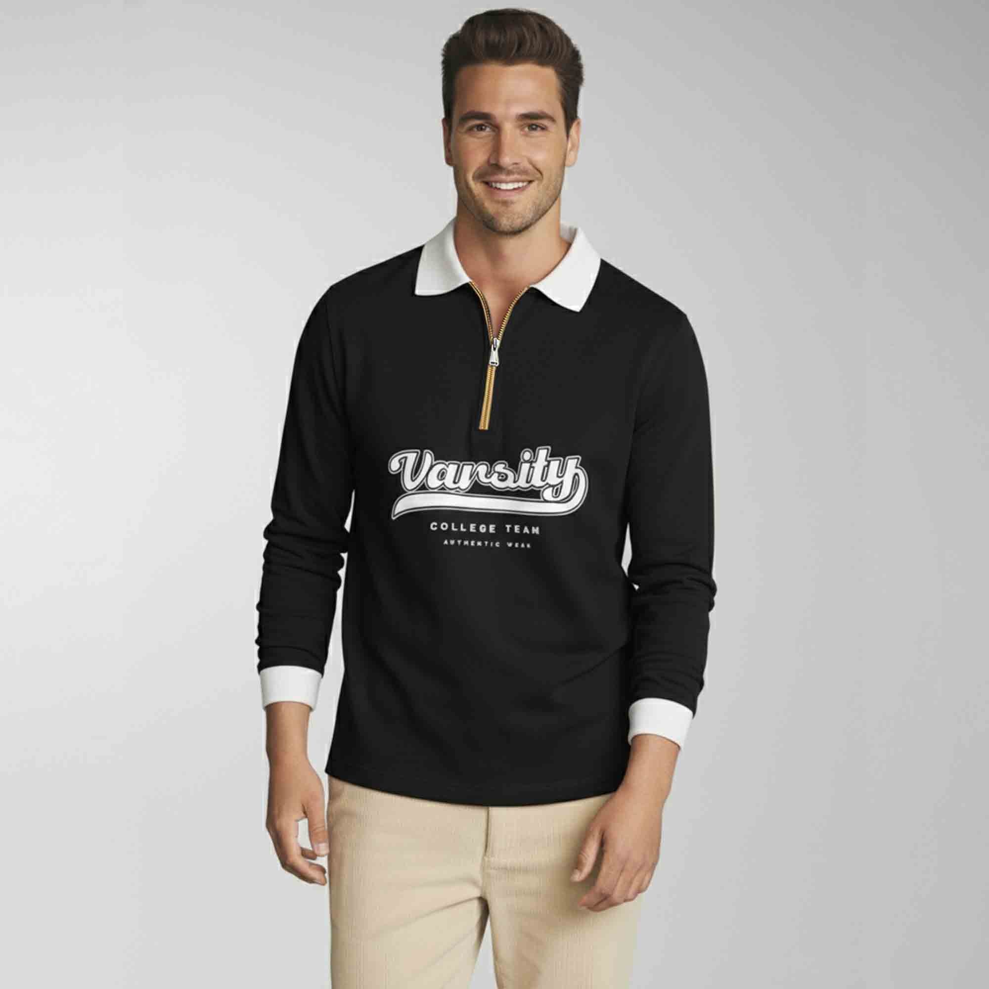 Men Colorblock Quarter Zip Polo Neck Full Sleeve T-shirt Black