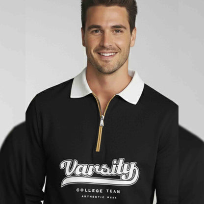 Men Colorblock Quarter Zip Polo Neck Full Sleeve T-shirt Black