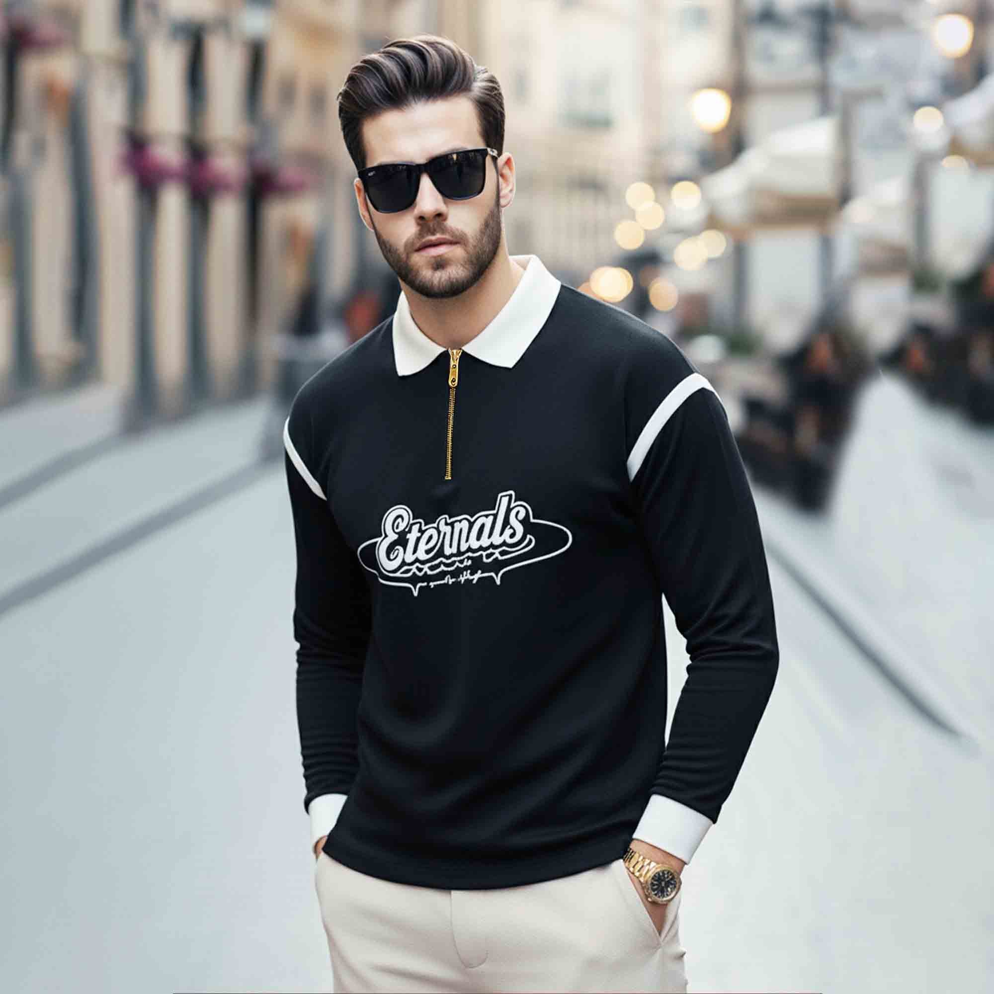 Quarter Zip Contrast Collar Full Sleeve Polo TSHIRT Black