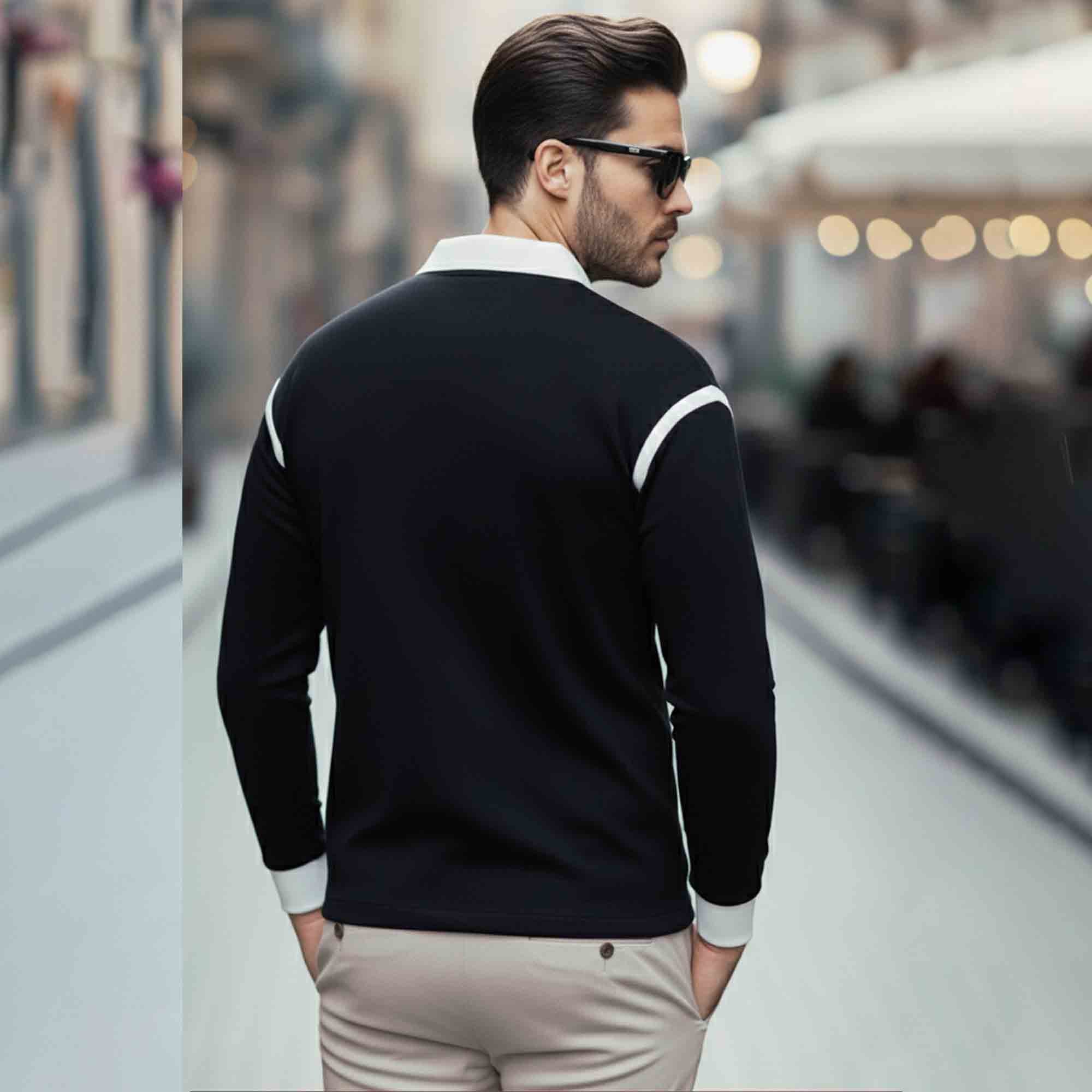 Quarter Zip Contrast Collar Full Sleeve Polo TSHIRT Black