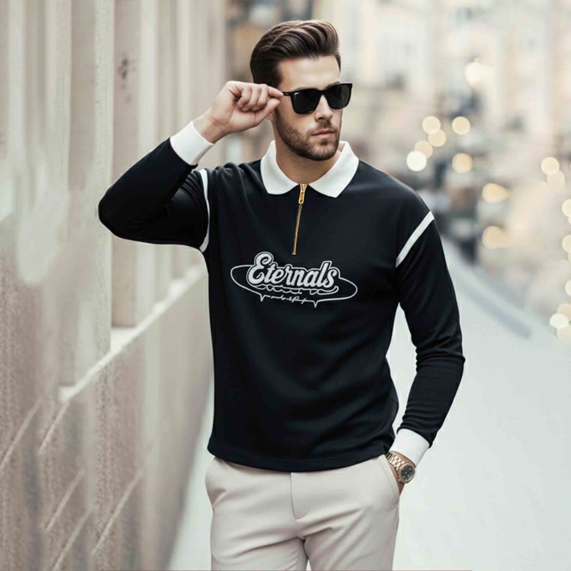 Quarter Zip Contrast Collar Full Sleeve Polo TSHIRT Black