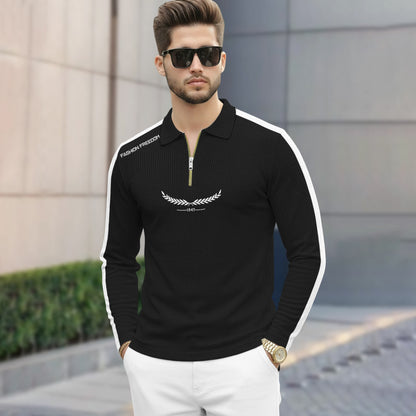 Men Quarter Zip Polo Neck Printed T-SHIRT Black & White