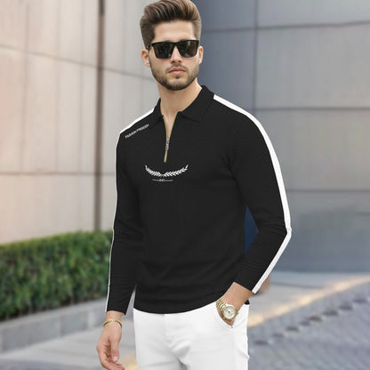 Men Quarter Zip Polo Neck Printed T-SHIRT Black & White