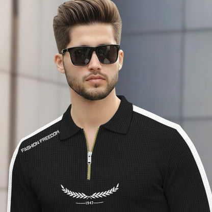 Men Quarter Zip Polo Neck Printed T-SHIRT Black & White