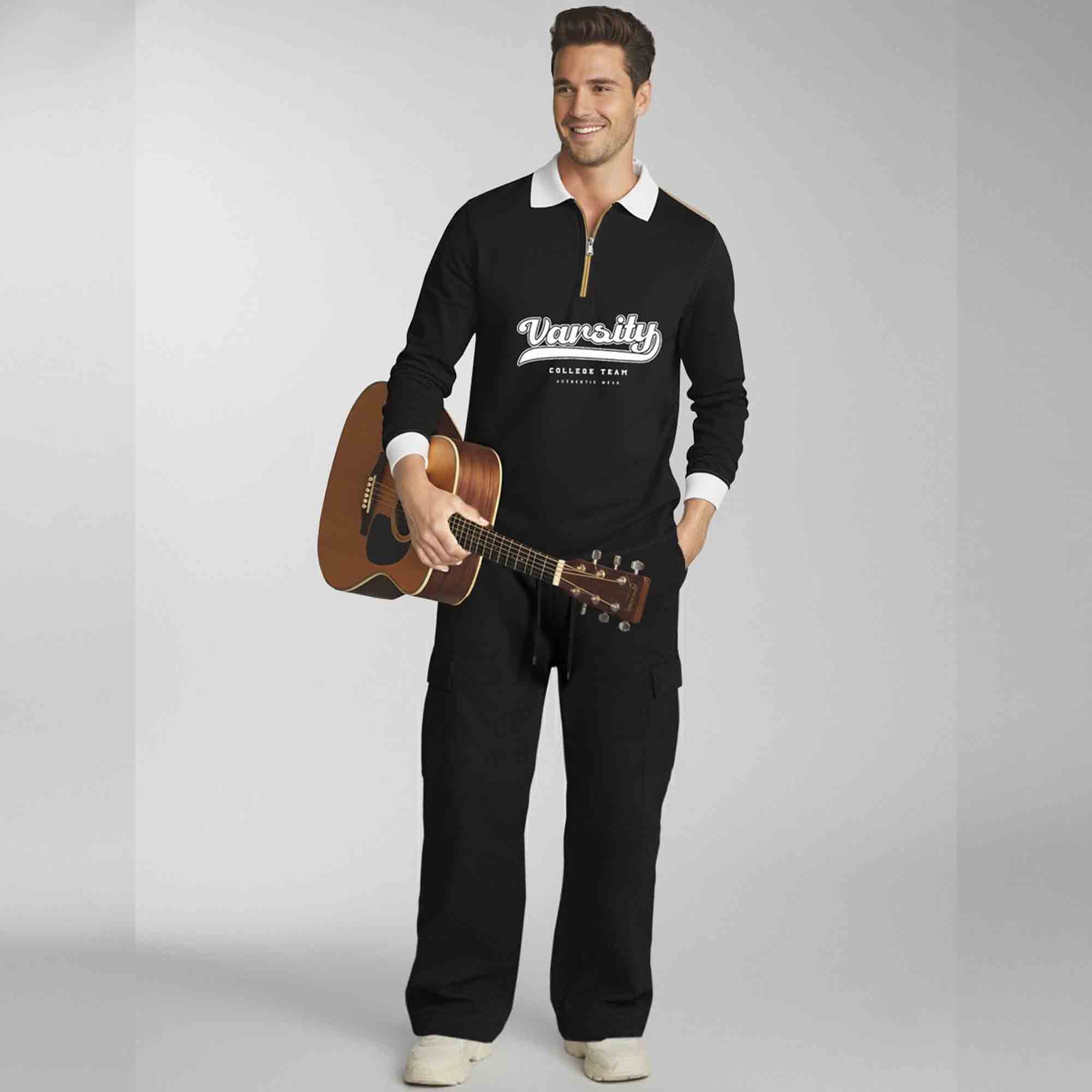 Out Fit Set Black Polo Tshirt & Black Plain Baggy Cargo Pant