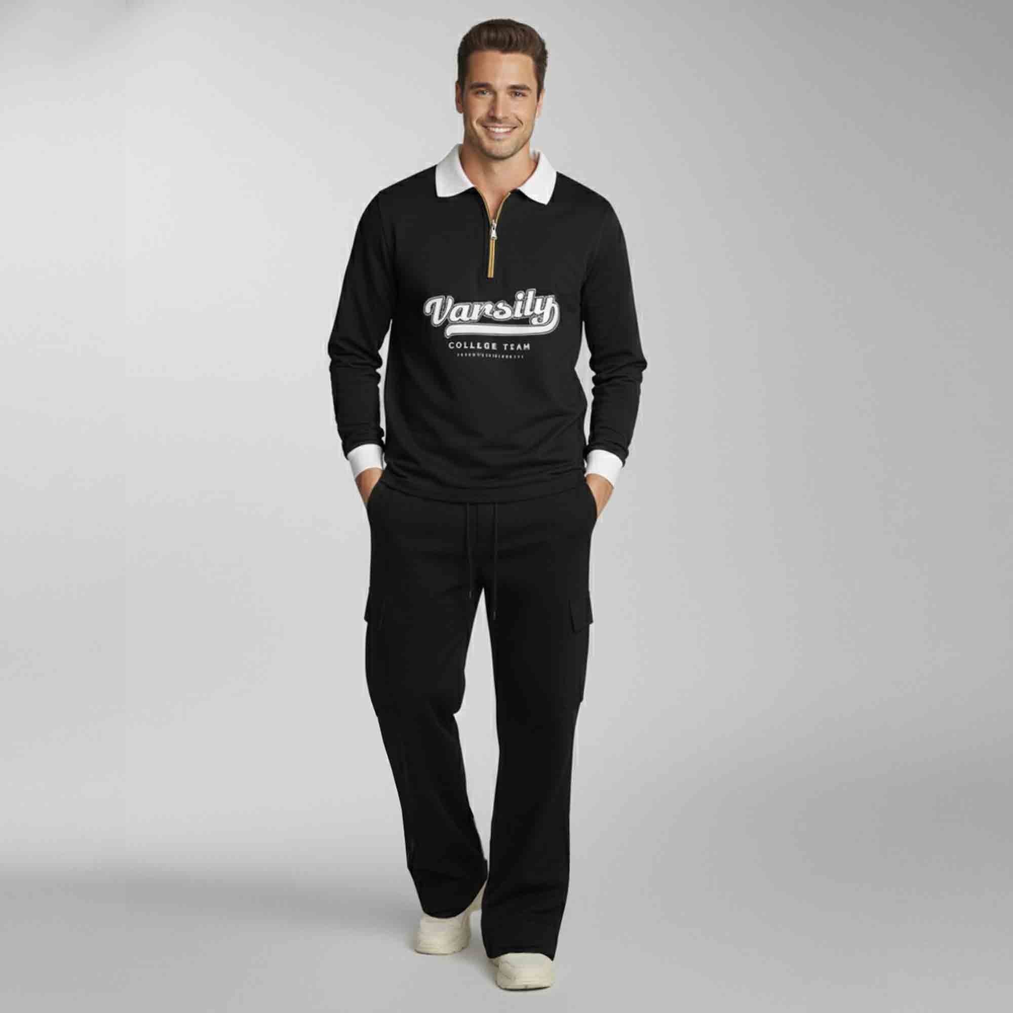 Out Fit Set Black Polo Tshirt & Black Plain Baggy Cargo Pant