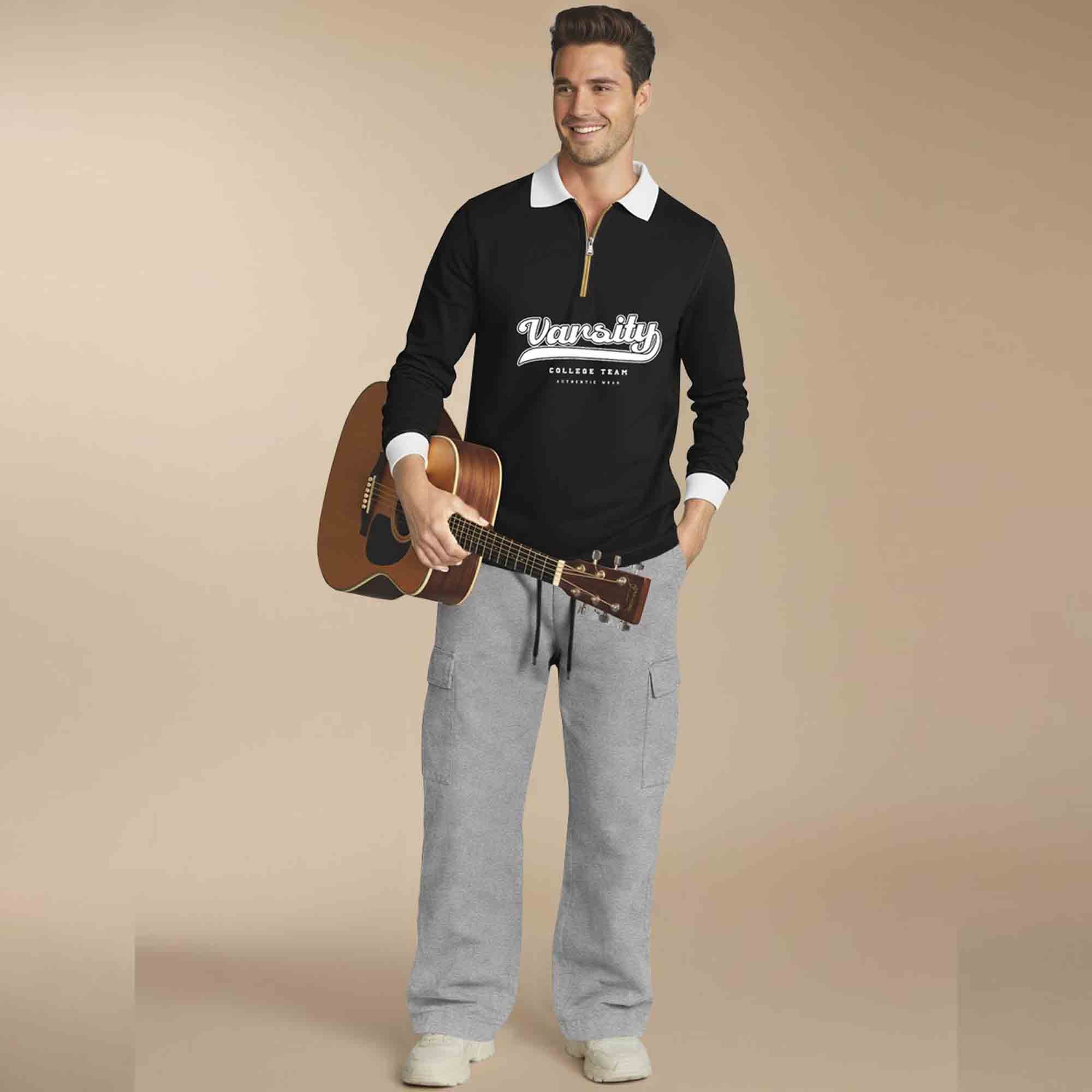 Out Fit Set Black Polo Tshirt & Grey Plain Baggy Cargo Pant