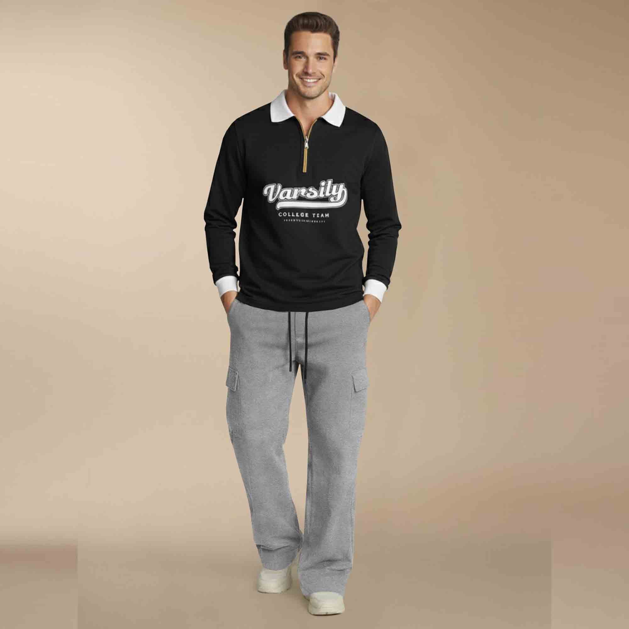 Out Fit Set Black Polo Tshirt & Grey Plain Baggy Cargo Pant