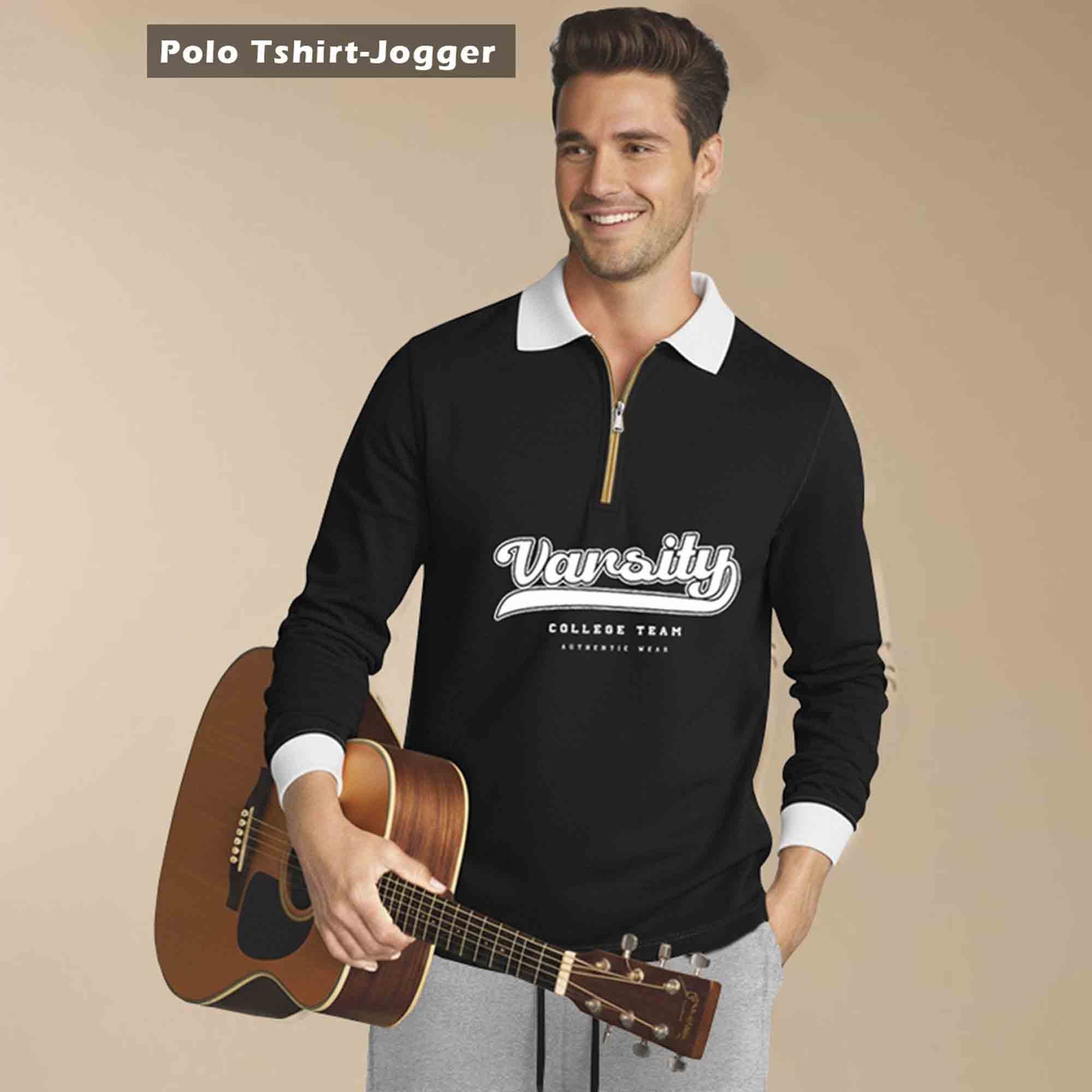 Out Fit Set Black Polo Tshirt & Grey Plain Cargo Jogger