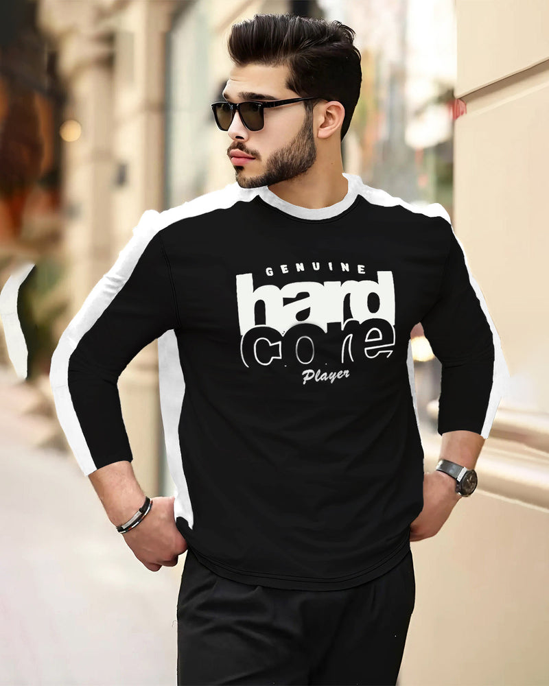 Men Full Sleeve Dual Colors Black-White Typography Round Neck Tshirt