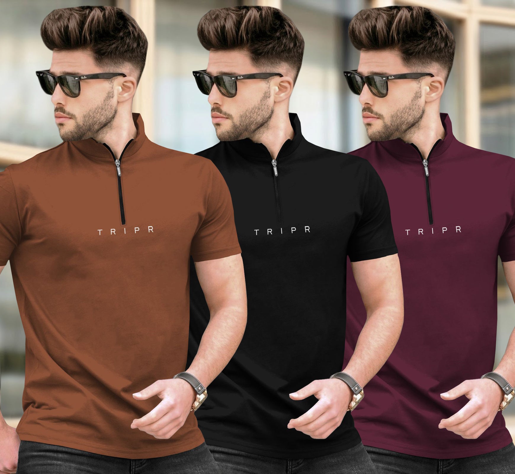 (Pack Of 3) High Neck Half Sleeve Plain T-shirts Multicolor