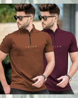 Mens High Neck Half Sleeve T-shirts (Pack Of 2) / Brown & Maroon