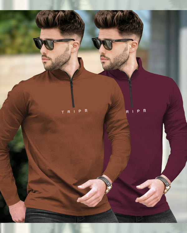 Mens High Neck Full Sleeve T-shirts (Pack Of 2) / Brown & Maroon