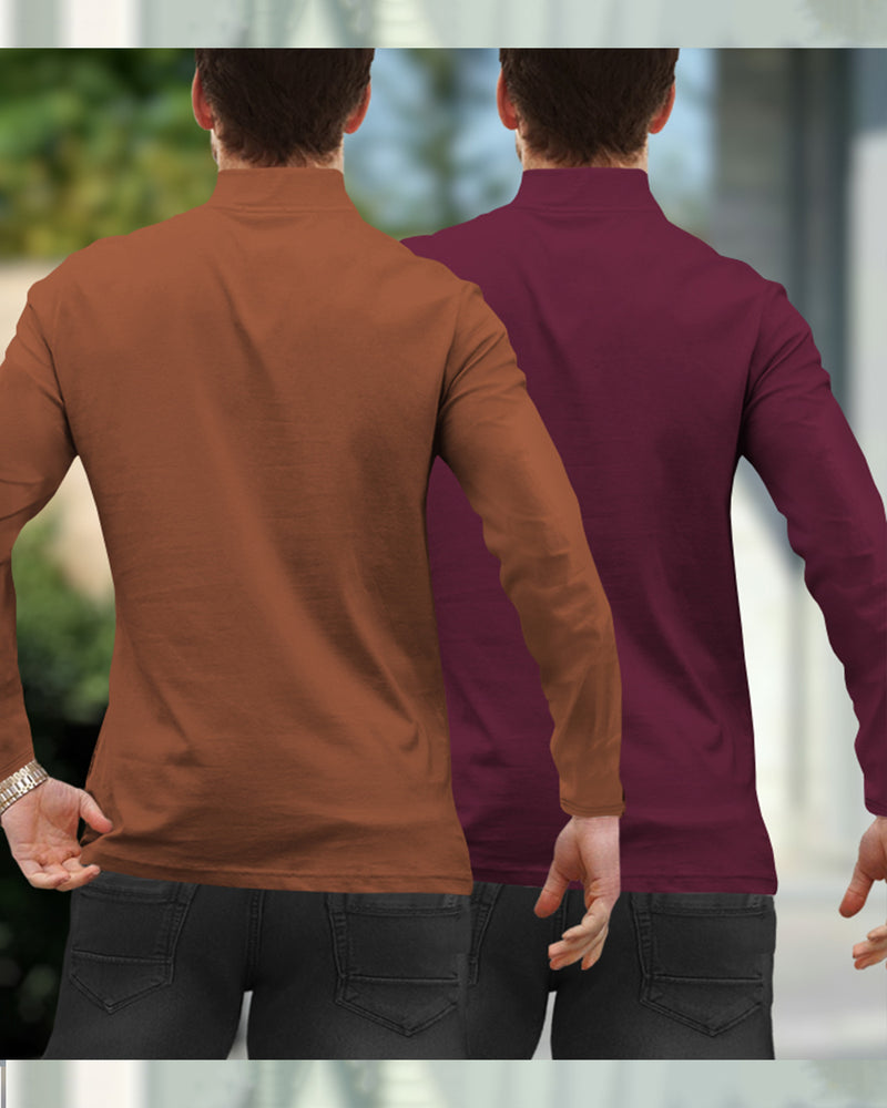 Mens High Neck Full Sleeve T-shirts (Pack Of 2) / Brown & Maroon