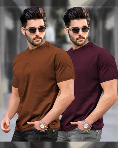 Mens Round Neck Half Sleeve Brown & Maroon T-shirts (Pack Of 2)