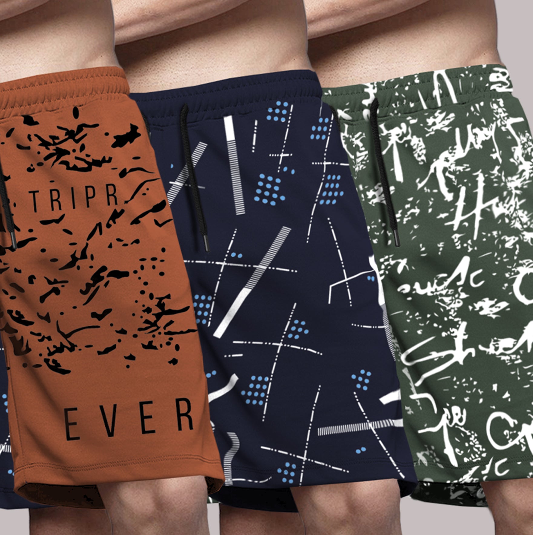 (Pack Of 3) Men Printed Brown-Navy-Olive Shorts