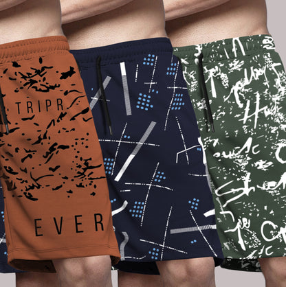 (Pack Of 3) Men Printed Brown-Navy-Olive Shorts