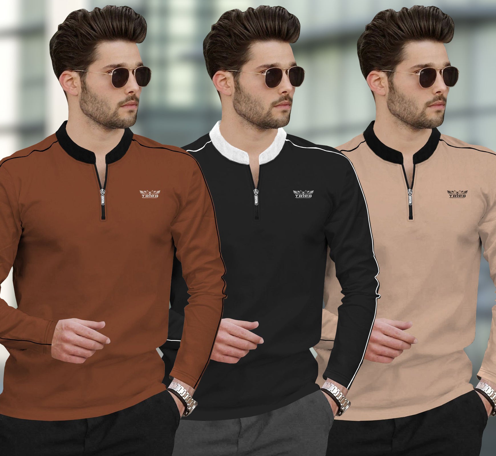 (Pack Of 3) Henley Neck Full Sleeve Colorblocked T-shirts