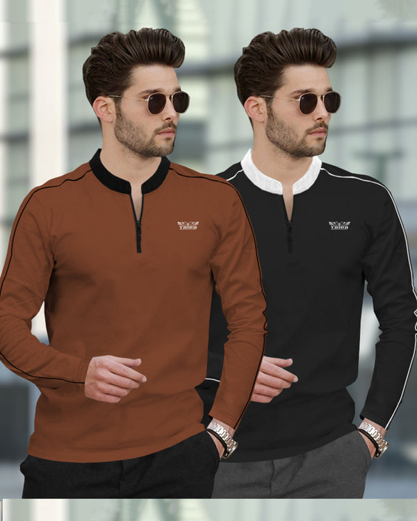 Mens Henely Neck Full Sleeve T-shirts (Pack Of 2) / Brown & Black