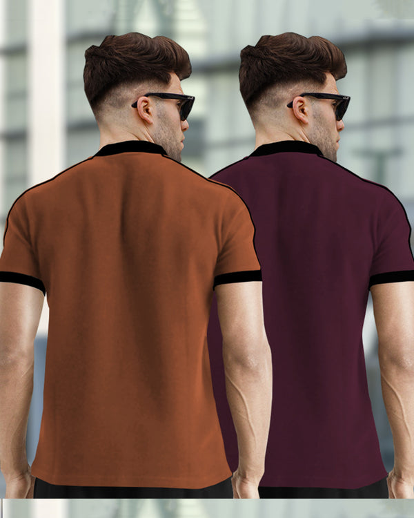 Mens Henely Neck Half Sleeve T-shirts (Pack Of 2) / Brown & Maroon