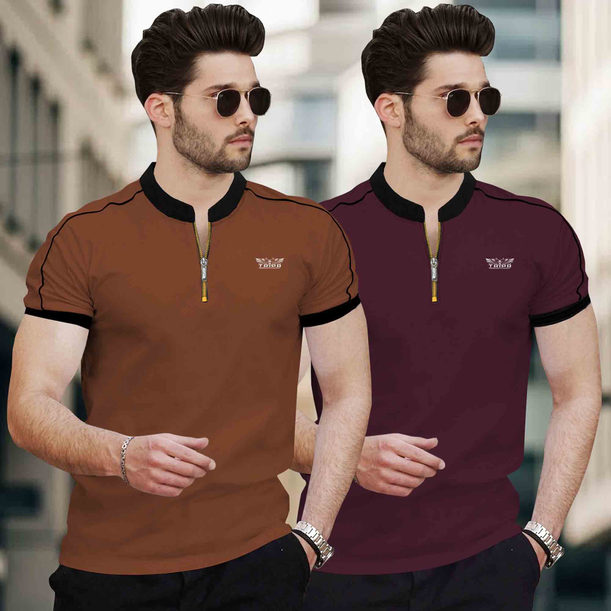 Men Pack of 2 Mandarin Collar Golden Zip Neck Combo Tshirts