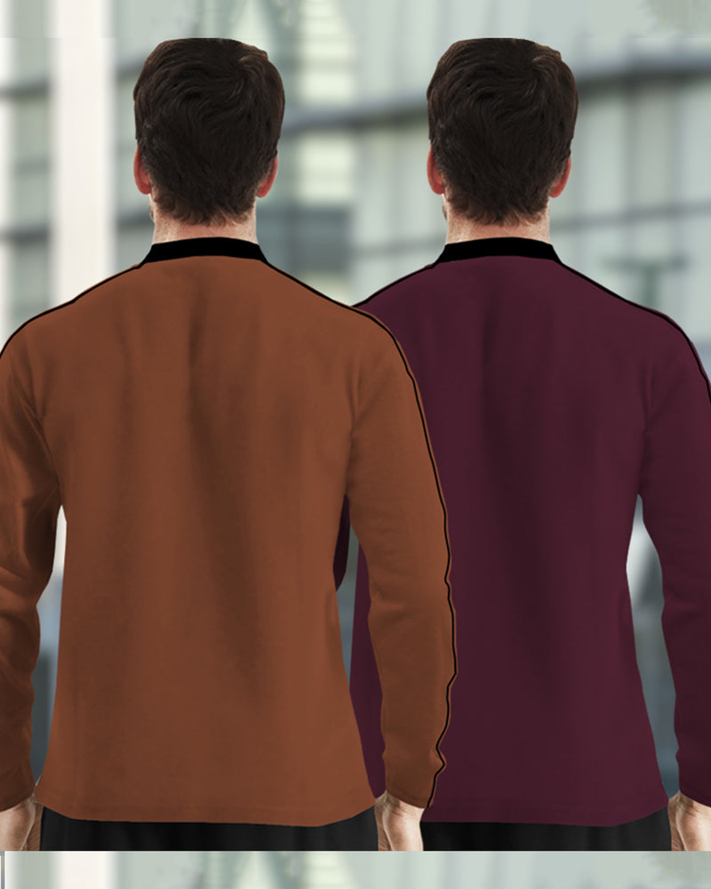 Mens Henely Neck Full Sleeve T-shirts (Pack Of 2) / Brown & Maroon