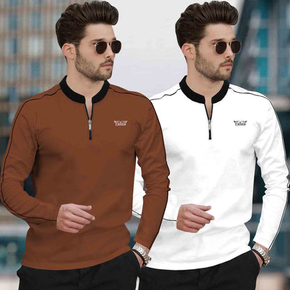(Pack Of 2) Mandarin Neck Full Sleeve Multicolor Tshirts- 10 Variants