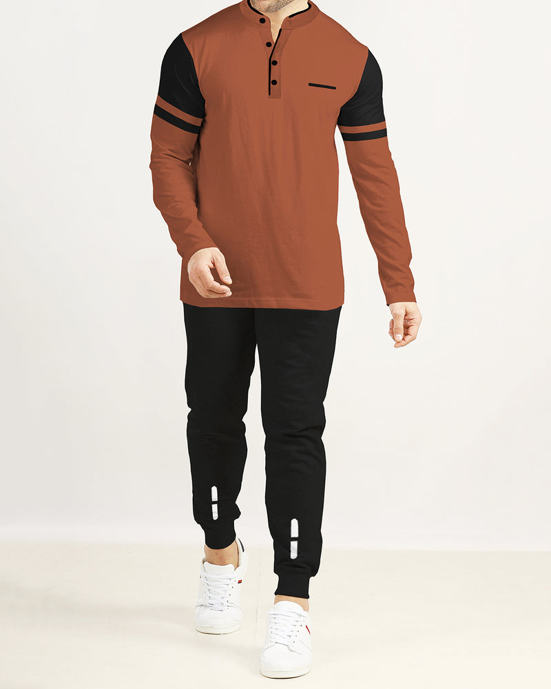 Men Tracksuit Set | Brown Henley T-shirt | Black Printed Trackpant