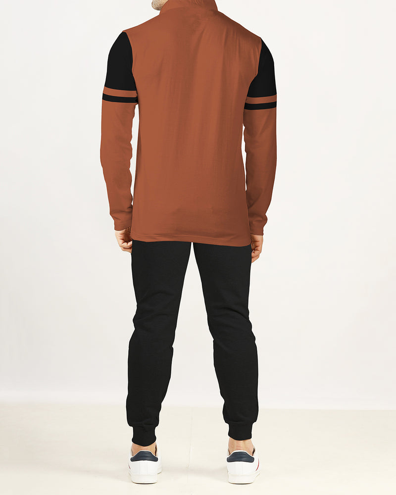 Men Tracksuit Set | Brown Henley T-shirt | Black Printed Trackpant