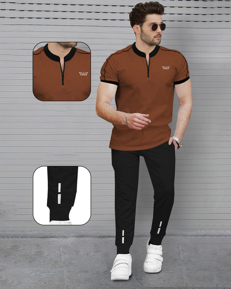 TRACKSUIT SET - BROW HALF SLEEVE T-SHIRT WITH BLACK JOGGER