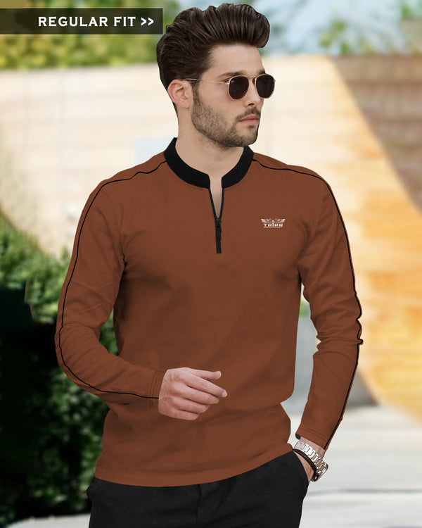 Men BROWN Mandarin Collar Full Seelve Zip Neck T-Shirt