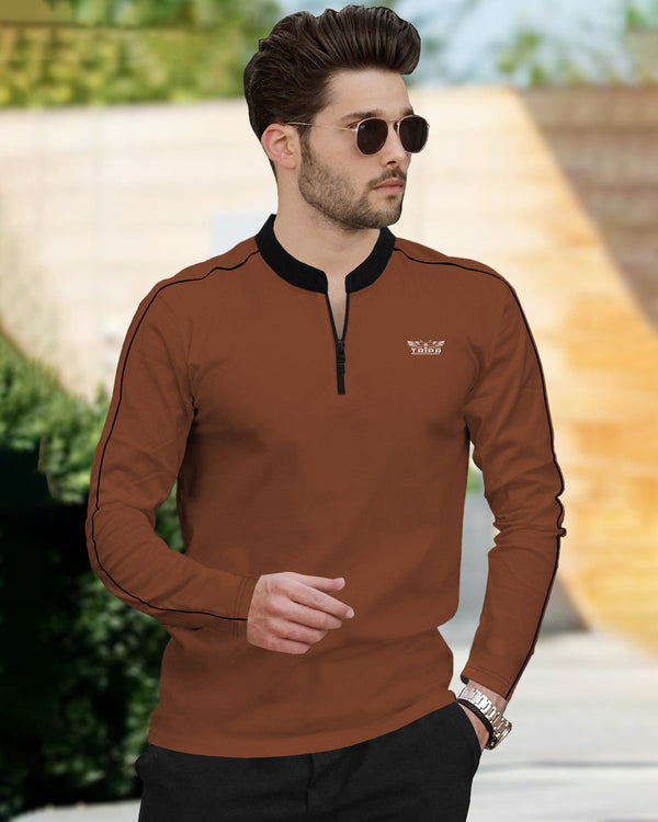 Men Brown Mandarin Collar Full Sleeve Zip Neck T-Shirt