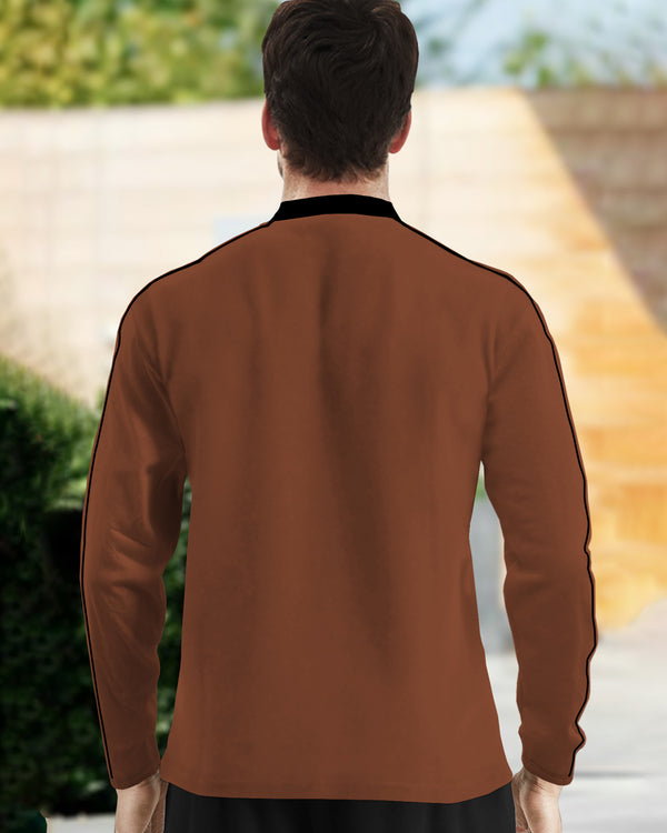 Men Brown Mandarin Collar Full Sleeve Zip Neck T-Shirt