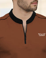 Men BROWN Mandarin Collar Full Seelve Zip Neck T-Shirt