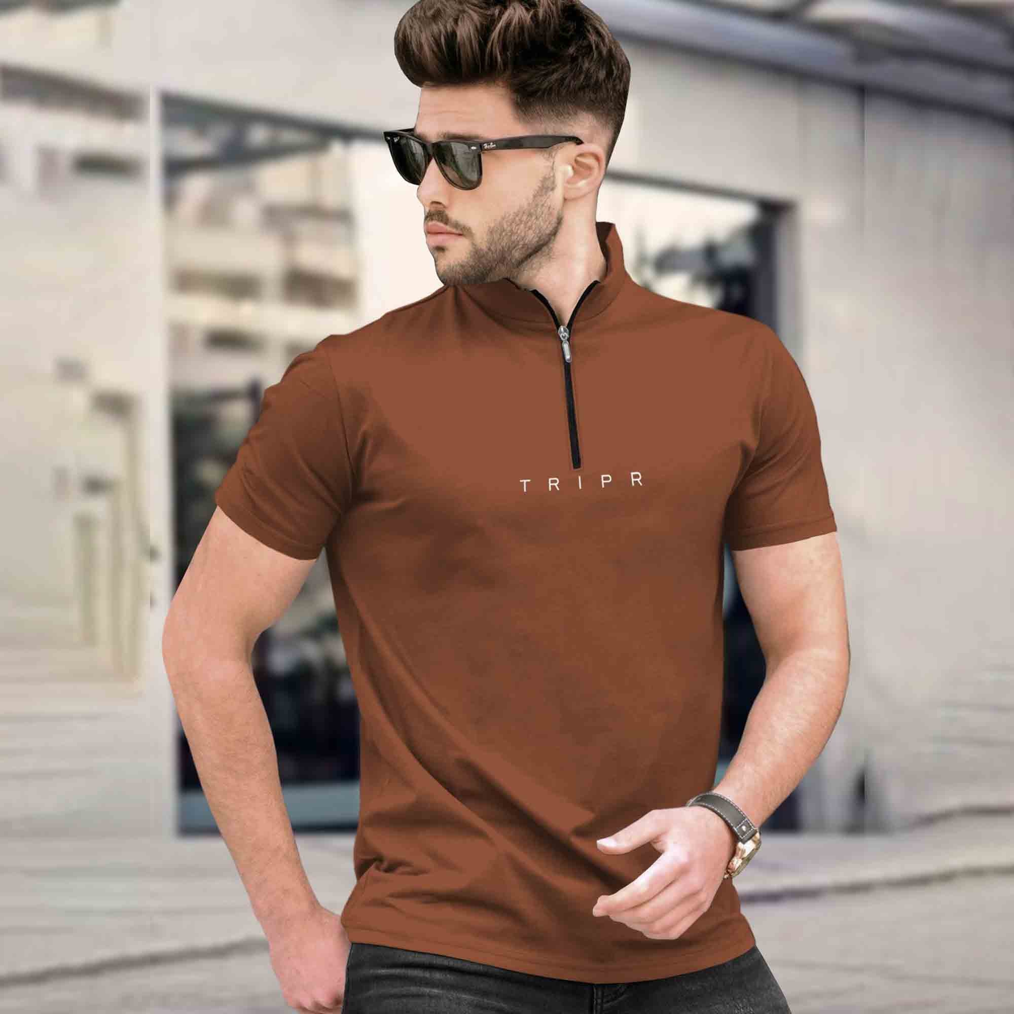 Men High Neck Brown Half Sleeve Zipper T-Shirt