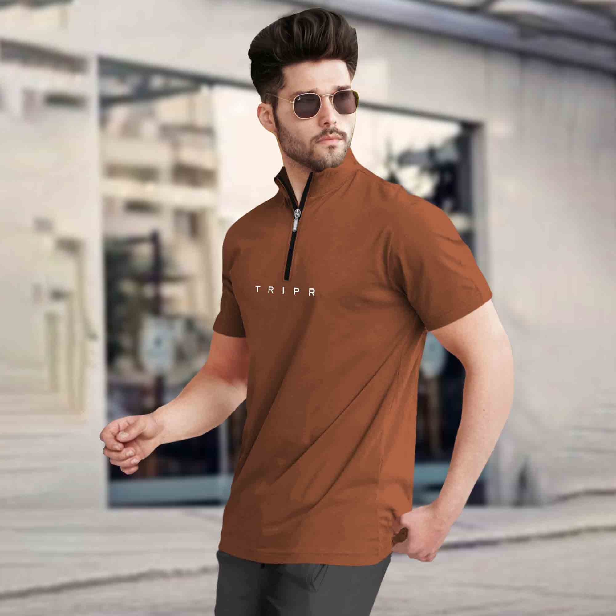 Men High Neck Brown Half Sleeve Zipper T-Shirt